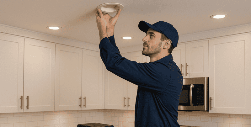 An electrician installs recessed lighting in a kitchen