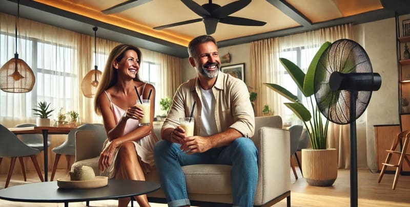 A couple being cooled by a ceiling fan and a portable fan