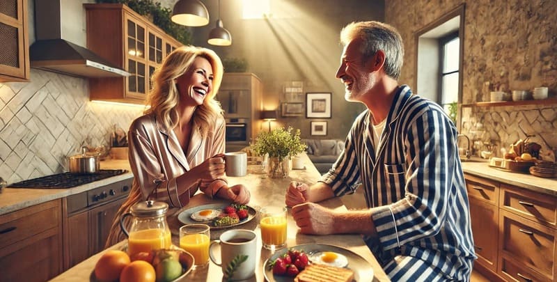 A couple enjoying breakfast (sleeping with the lights on)