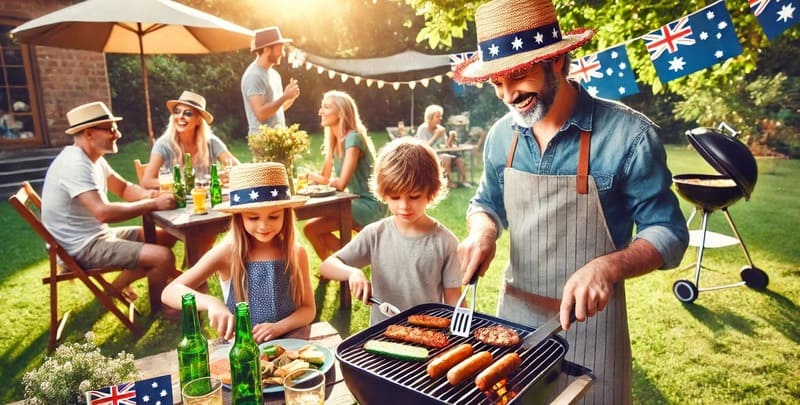 A man grills food with his children for family and friends on Australia Day