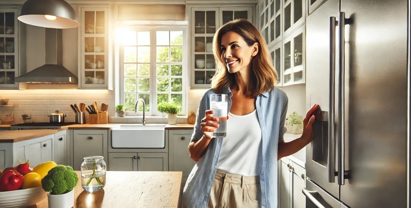 A woman enjoys an ice-cold glass of water