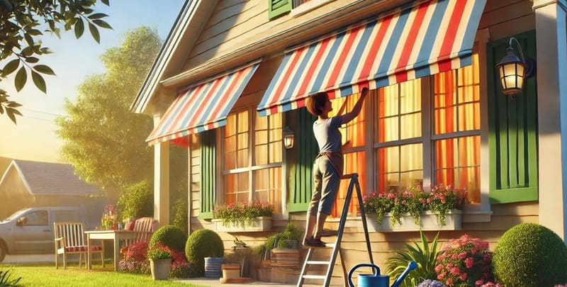 A woman puts window awnings on a hot day