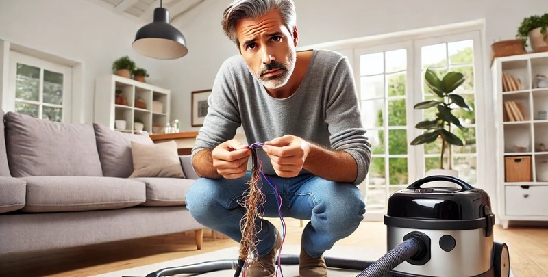 A man examines a frayed cord of a vacuum cleaner