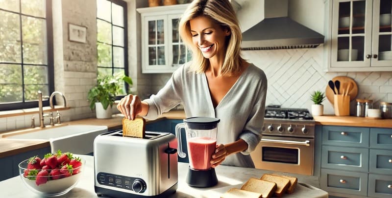 A woman making breakfast with a toaster and blender